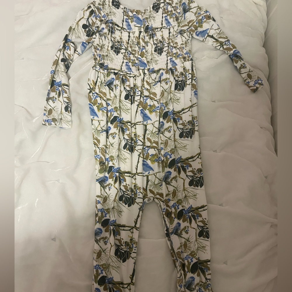 Kate Quinn Smocked Bamboo Romper in Blue Chickadee size 2T